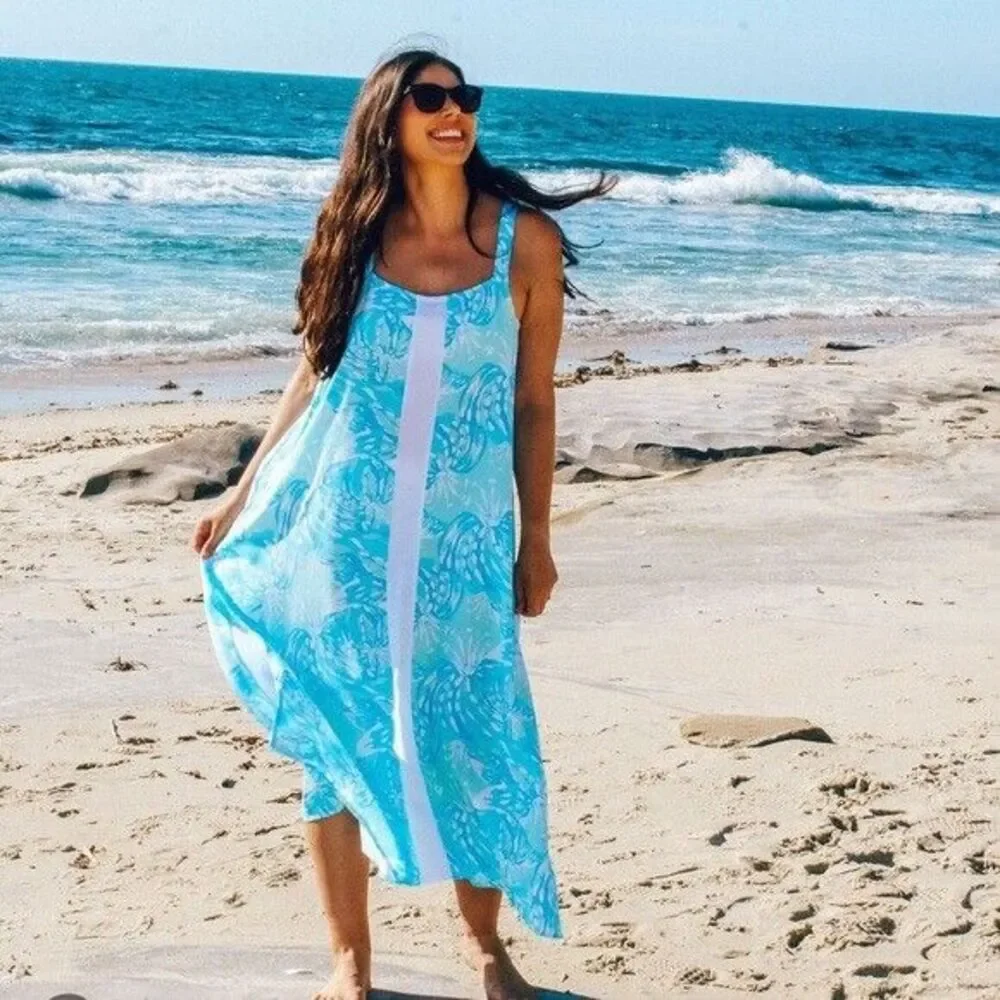 Lilibridge The Blue Tropics Midi Dress Womens S Beach Coastal Flowy Coverup NEW